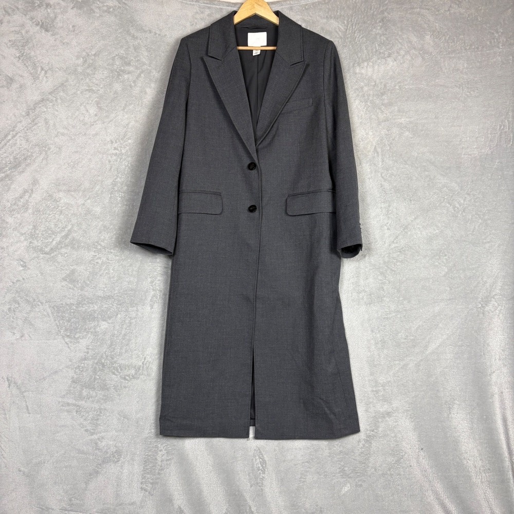H&M Women Charcoal Grey Longline Tailored Overcoat Jacket Size M Oversized